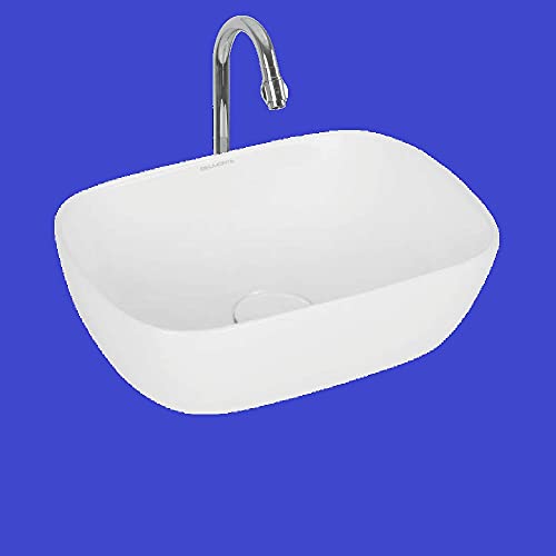 Image of Wash Basin Table Top Over Counter Vessel Sink Glossy Finish White Sink for Bathroom (14 x 10 x 4.5 Inch)