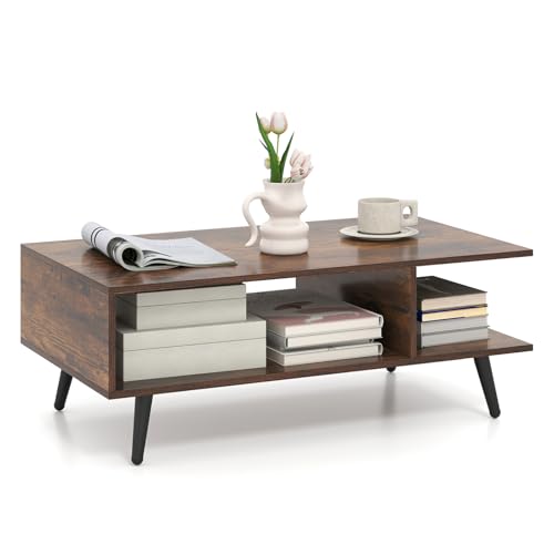 COSTWAY 2-Tier Coffee Table with Storage Shelf, Industrial/Modern Wooden Cocktail Center Table, Metal Legs Rectangle Accent Sofa Side Tea Tables for Living Room Office, 80x45x30cm (Rustic Brown)