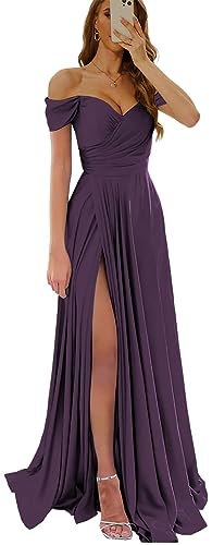 Womens Off The Shoulder Prom Formal Wedding Maxi Dress Side Split A Line Satin Miad of Honor Gowns Bridesmaid Dress with Pockets Plum Plus Size 24W