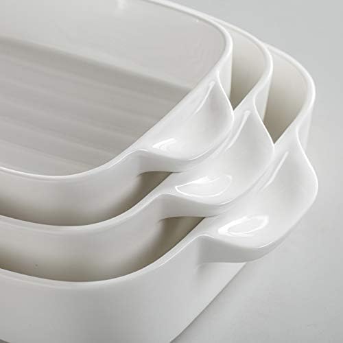 MALACASA, Series Bake.Bake, Rectangular Baking Dish Set of 3 (10"/12"/14''), Table Baking Dish with Porcelain Handles Ideal for Lasagne/Pie/Casserole/Tapas, White