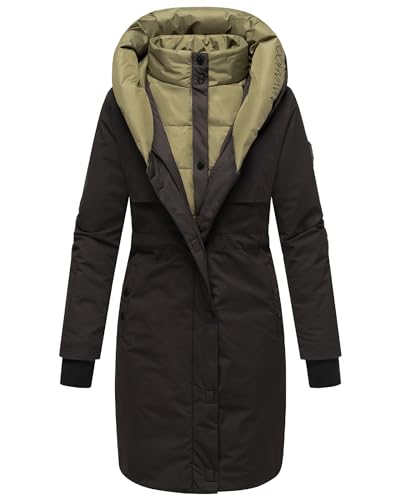 Navahoo Damen Mantel lange warme Winter Steppjacke mit Kapuze und magnetischen Elementen Snowelf Black Gr. M