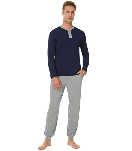 Image of NACHILA Mens Pajamas Set Long Sleeve Henley Sleepwear Top Soft Jogger Pants Pajamas Cool Pjs Set,Viscose Made from Bamboo