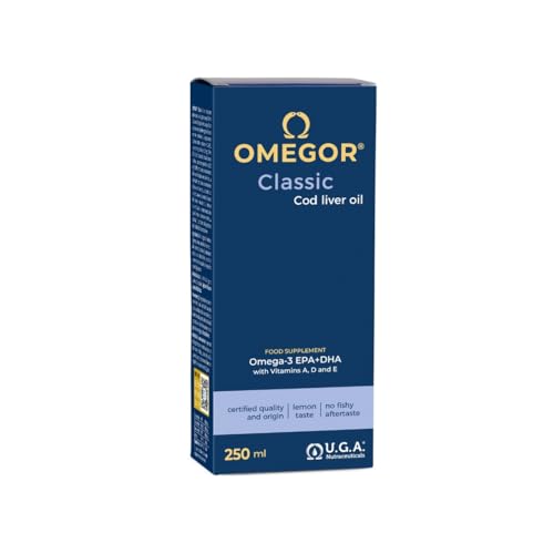 Aceite de Hígado de Bacalao Liquido OMEGOR Classic 250ml - Sin Sabor a Aceite de Pescado - Omega3 EPA y DHA 1000mg Liquido con Vitaminas A, D y E