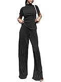 shownicer Damen 2 Stück Casual Outfits Revers Langarm Button Down Shirt Hohe Taille Lange Hosen Loungewear Streetwear Anzüge Weites Plissee Bein Hosenanzüge Zweiteiler G Schwarz L