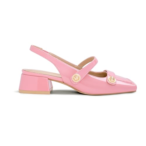 Image of Slingback Mary Jane Heels for Women Low Block Heel Closed Square Toe Pump Shoes Heels Classic Daily Office Dressy Shoes
