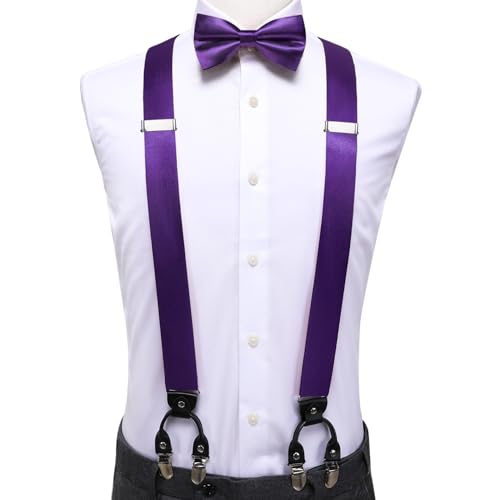 Image of Hi-Tie Men Suspender Bowtie Set Suspenders Pre-tied Bow Tie Pocket Square Cufflinks Adjustable Y Shape 6 Clips Braces Tuxedo