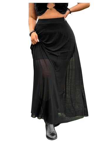 Women's Plus Size Mesh Maxi Skirt Y2k Sheer Elastic High Waist Summer Long Skirts