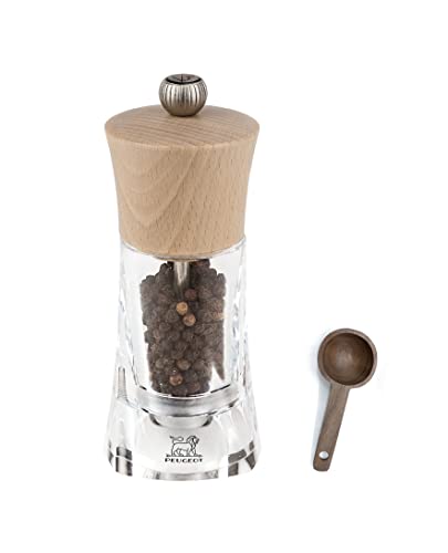 Peugeot - Oleron Manual Mill Pepper Mill- Transparent Adjustable Grinder - Acrylic and Beechwood, Natural, 5.5 Inches - With Wooden Spice Scoop Spoon