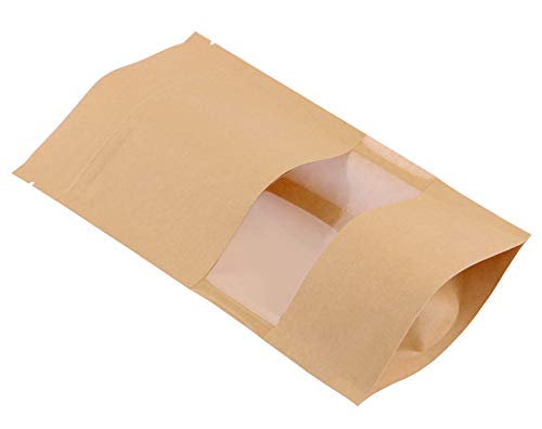 Katfort Stand Up Pouches 100Pcs, 7.8''×4.6'' Resealable Bags For Small Business, Resealable Kraft Paper Bags With Window, Paper Bakery Bag For Small Business, Family, Company #TOP4