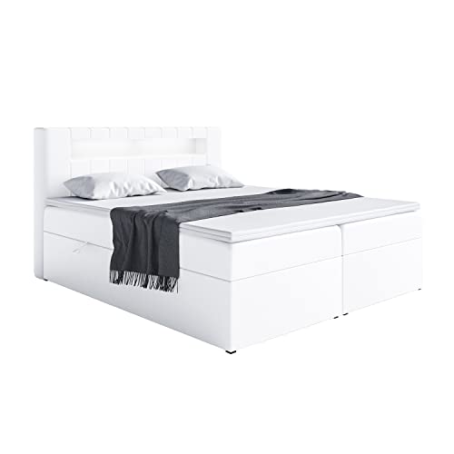 MEBLINI Boxspringbett mit Bettkasten - Bett mit LED Kopfteil - Gepolstert Doppelbett mit Matratze und Topper - Polsterbett mit Stauraum - Stauraumbett...