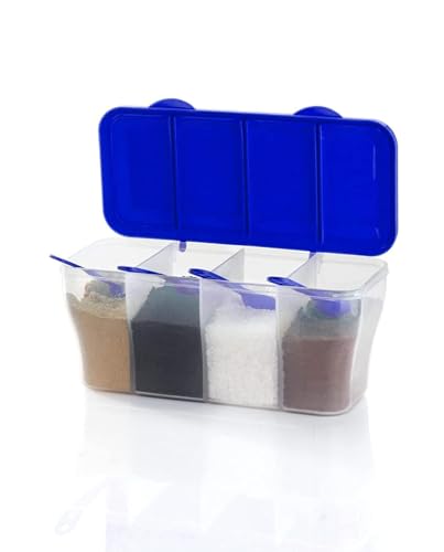 Image of TASTIC Multipurpose Plastic 4 in 1 Masala Box for Kitchen | Spice Boxes for Kitchen | Transparent 4 Compartment Storage Containers Airtight | Dabba with 4 Spoons | (BLUE, STANDARD)
