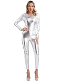 Agoky Damen Metallic Turnanzug Ganzkörper Gymnastikanzug Langarm/Kurzarm Jumpsuit Overall mit Zipper Slim Fit Bodycon Romper Stretch Einteiler Tanzbekleidung Silber S