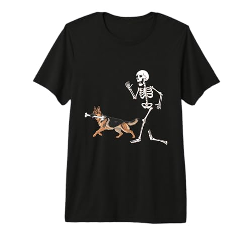 Divertido Pastor alemán y Esqueleto de Halloween Camiseta Premium
