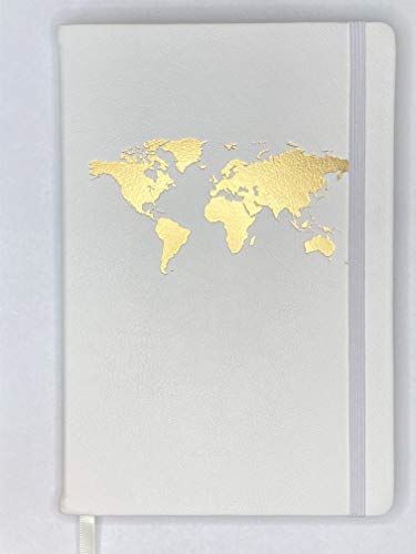 ROMAN White and Gold World Journal Notebook Diary, Hardcover, Faux Leather, Lined, A5 5.75 x 8 inches, 120 gsm Thick Paper, Gift Ready !