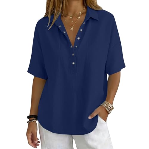 capatee Clothing for Women Linen Tops for Women Breathable Gauze Shirts Cotton Button Down Summer Elbow Length Blouses Dressy Casual Clothes Navy