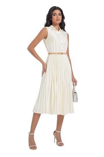 Image of Elegant Satin Midi Dress for Women Slim Long Belted Formal Business Work Casual Dresses