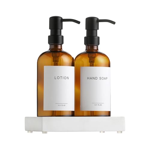 Glass Soap Dispenser with Concrete Tray and Stainless Steel Pump | Bathroom and Kitchen Soap Dispenser Set,Suitable for Kitchen Decor. (Amber + White)