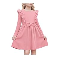 Arshiner Filles Robes Manches À Volants Enfants Nœud Papillon A-Line Festive Automne Hiver Manches Longues pour Fille 3-4 Ans Rose