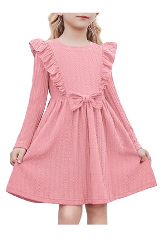 Arshiner Mädchen Kleider Rüschen Ärmel Freizeitkleid Fliege Rippstrick A-Linie Langarmkleid Festliche Herbst Winter Kleid für Kinder 6-7 Jahre...