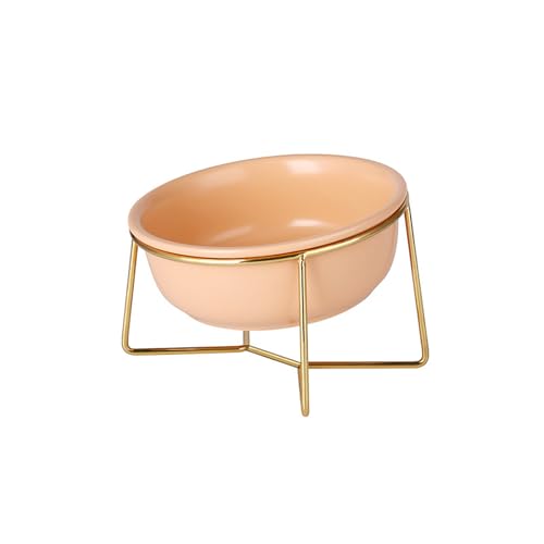 斜口設計 猫用食器台付き陶器製フードボウル 犬用食器としても使える骨瓷製高脚ペットボウル(17.8cm/800ml)頸椎保護 ゴールドスタンド付き