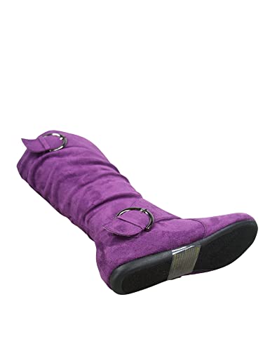 Fz-Fits Women's Closed Round Toe Buckle Side Zip Buckle Slouch Flat Heel Mid-Calf Boot #TOP2
