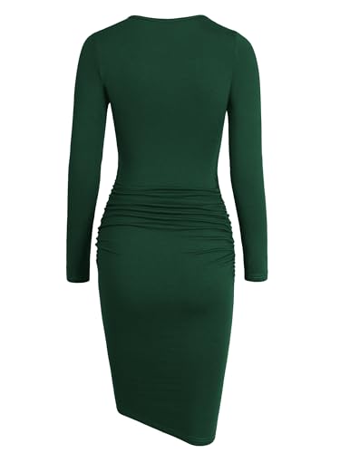 Image of Missufe Women's Long Sleeve Slim Ruched Bodycon Dress 2025 Trendy Fall Casual Round Neck Sheath Knee Length Outfits Clothes