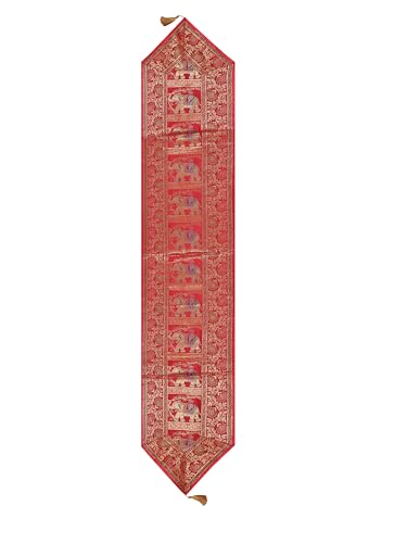Image of Banarasi Brocade Zari Silk Table Runner Dinning & Centre Table Runner 177 By 30 CM (Red, Elephant)
