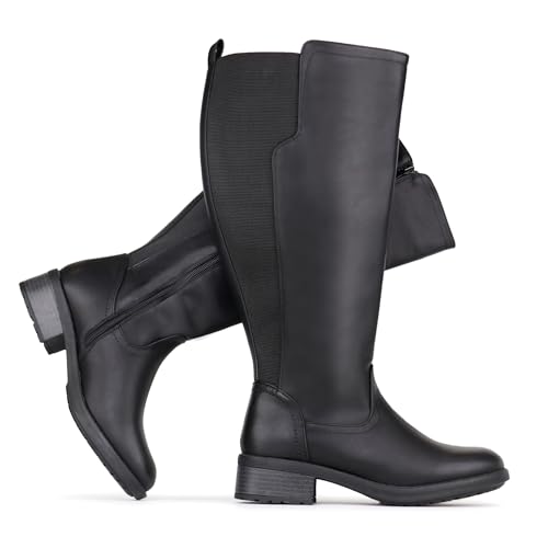 Women's Extra Wide Calf Knee High Boots with Side Zipper and Stretch Panel