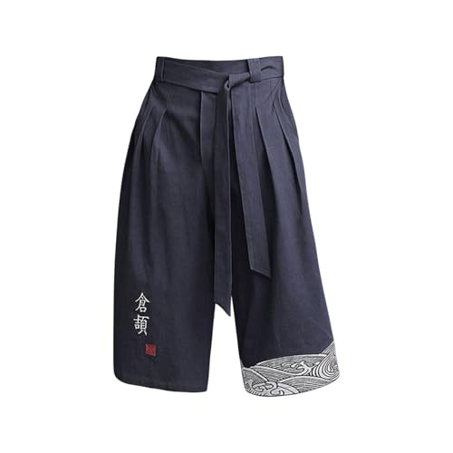 Men's Japanese Kimono Pants Traditonal Beach Pants Asian Clothing Trunks Capris Summer Casual Loose Linen Cropped Shorts3