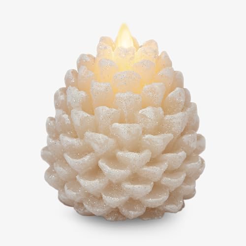 Image of Luminara Pinecone Flameless Candle White Swan Glitter and Snow Finish Pine Cone Figural, Real Wax Unscented LED Candles, Battery Operated with Timer, Holiday Decoration (3.9 inch x 4.3 inch)