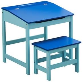 CRAVOG Children Home Reading Writing Study Table Set Storage Desk Kid Workstation and Stools (Blue)