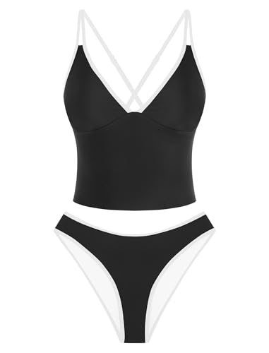 Image of ZAFUL Tankini Swimsuits for Women V Neck Dual Straps Cropped Bikini Swimsuit High Cut 2 Pieces Bathing Suit