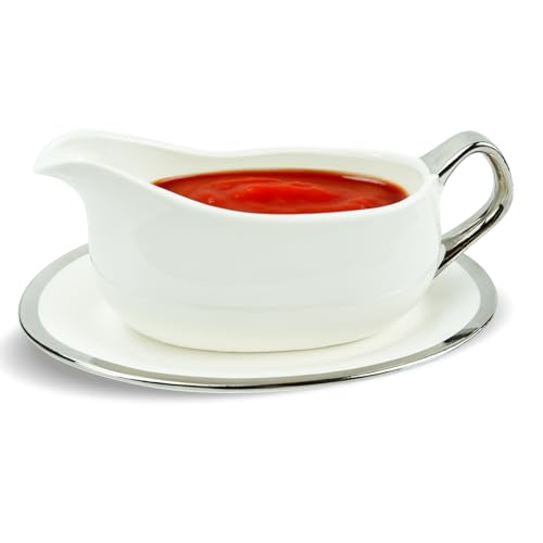 Cheardia Salsiera con vassoio, in ceramica bianca con finiture argentate, manico ergonomico e grande beccuccio antigoccia, per condimenti per insalata, creme, brodo, pepe nero