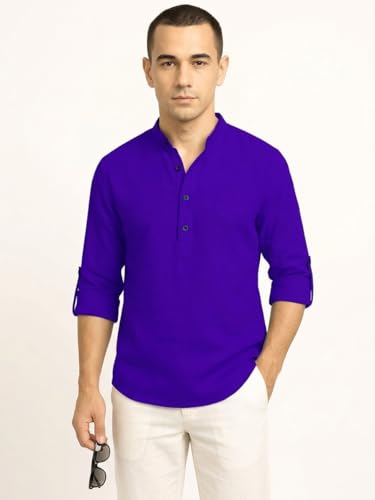 Image of DEEMOON Men's Cotton Blend Solid Regular Fit Full Sleeve Short Kurta | Men's Trendy Short Kurta
