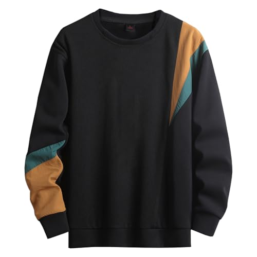 Men's Crewneck Sweatshirts Patchwork Contrast Color Long Sleeve Casual Lightweight Pullover Shirt Hip-Hop Sweater