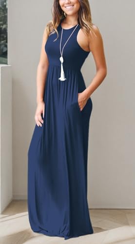 Image of EUOVMY Women's Sleeveless Dress Casual Plain Loose Summer Long Maxi Dresses with Pockets