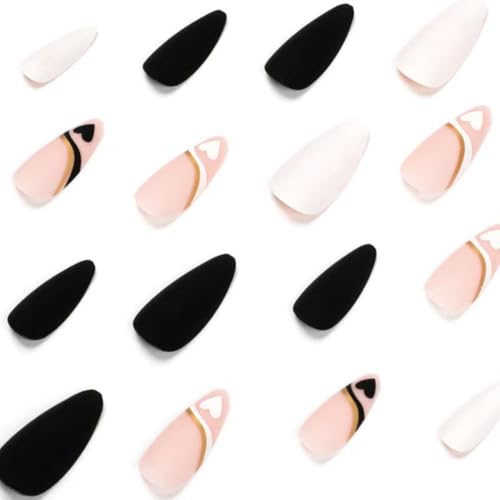 Image of Love Press on nails Medium Stiletto Fake Nails with Design Nude Pink Glue on nails Glossy Acrylic Full Cover Stick on Nail Black White Solid color False Nail for Women Valentine's Day Manicure