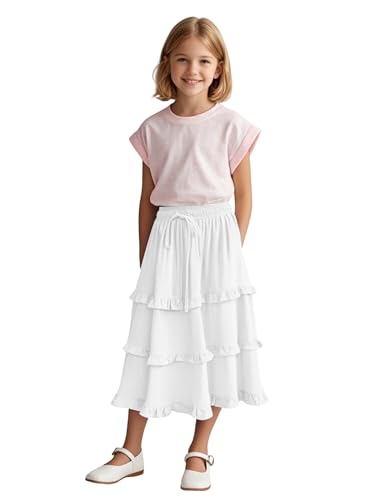 Image of Girls High Waisted Ruffle Maxi Skirt Soft Cotton Long Skirts with Elastic Waistband for Kid Girl 3-12 Years