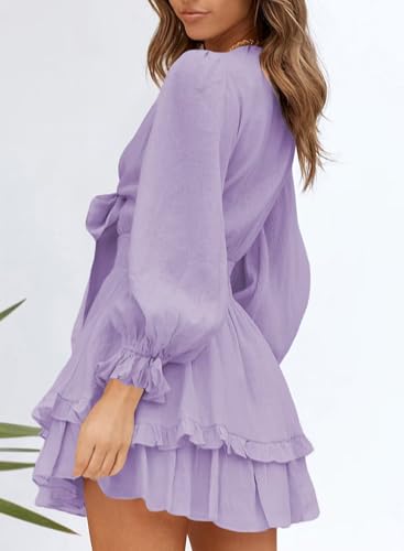 Image of Dokotoo Womens Casual Spring Fall 2025 Deep V Neck Knotted Tiered Chiffon Elegant Mini Short Swing Skater Dresses