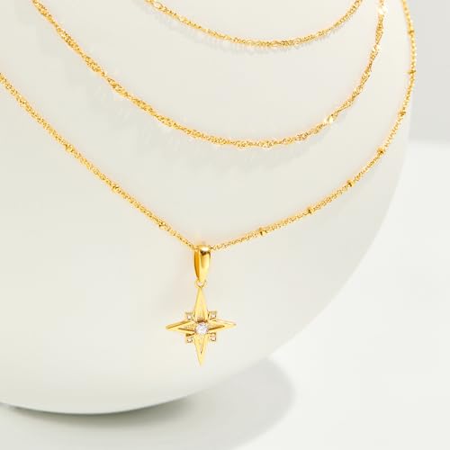 Cicy Bell Womens Four Point Star Layered Necklaces 18k Gold Plated Stackable Pendant Necklace Cubic Zirconia Long Necklace Sets Good Luck Trend Jewelry Gift2