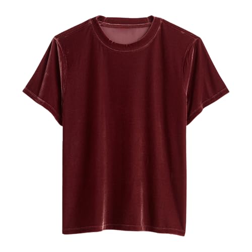 Songling Women Velvet Top Crew Neck Short Sleeve Tees Elegant Dressy Party T-Shirt Velour Pullover Tops(Burgundy-Red L)