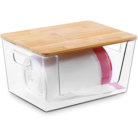 Citylife Stackable Storage with Bamboo Tops and Handles, Laundry Room Organization and Storage for Home, Kitchen, Under-Sink Garbage Bag Dispenser Cover