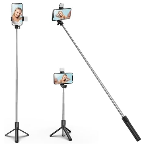 Tianle Selfie Stick Tripod with Fill Light, Extendable Selfie Stick Tripod with Wireless Remote and Tripod Stand Group Selfies, Live Streaming, Video Recording Compatible with All Cellphones, Black Cover