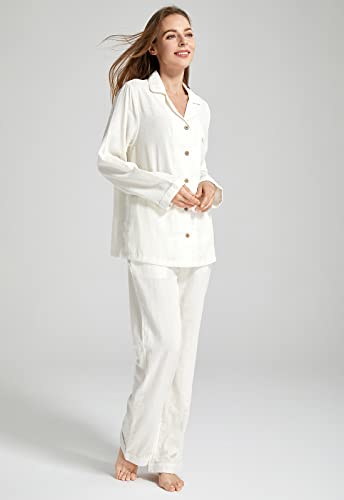 Image of Womens Muslin Pajama Set 100% Cotton Double Gauze Linen Like | Breathable Soft Comfort Button Up Loungewear Sleepwear PJ Set