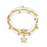 Qceasiy Bead Ankle Bracelets Set For Women, Adjustable 18K Gold Plated Boho Shell Anklet, Hawaiian Beach Seashell Pearl Disc Starfish Conch Foot Jewelry, Summer Fashion Gifts(Starfish 3Pcs)