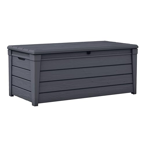 Keter Brightwood 120 Gallon Resin Large Deck Box for Patio Garden, Outdoor Cushion Storage, Pool Accessories, Tools, Grey