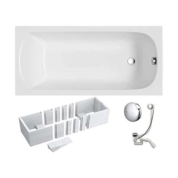 VBChome Badewanne 140x70 cm Acryl SET 3in1 Wannenträger Siphon Wanne Rechteck Weiß Design Classic Styroporträger Ablaufgarnitur in Chrom Viega Simplex für 1 Personen (140x70)