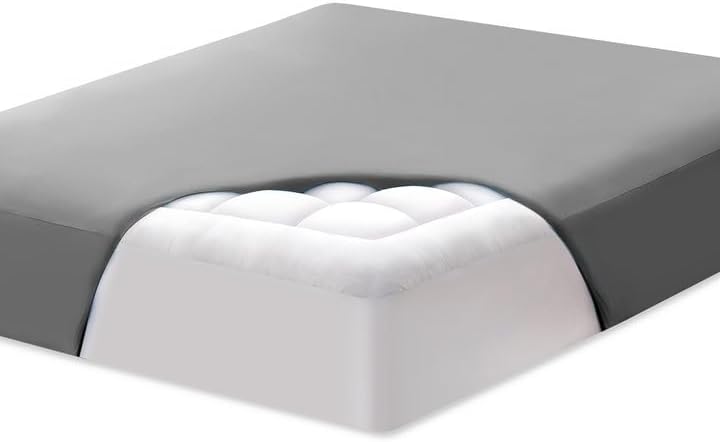 ELEMUSE Full Mattress Pad Quilted Bed Mattress Topper, Plus Grey Cooling Fitted Sheet, Supportive Pillowtop Mattress Protector with Fluffy Filling Full Grey