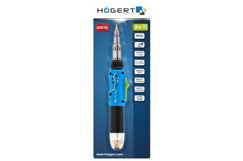 HÖGERT TECHNIK Saldatore a gas 3 in 1, 220 W, accensione piezoelettrica, saldatore (400 °C), bruciatore (1300 °C), senge (550 °C), butano propano, compatto, ergonomico, 40 minuti