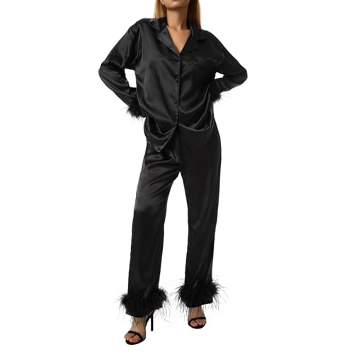 Women Satin Silk Pajamas Set with Fuzzy Feather Trim Solid Long Sleeve Shirt Tops High Waisted Pants Pjs Loungewear4